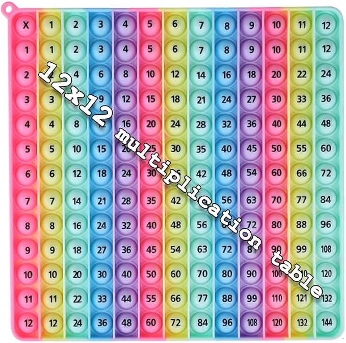 Rainbow Multiplication Table pop Fidget Toys Educational Math Learning Board Game, 12x12 Times Tables Practice, Colorful Silicone Push Bubble Sensory Toy (12 X12 Makar Multiplication Table)