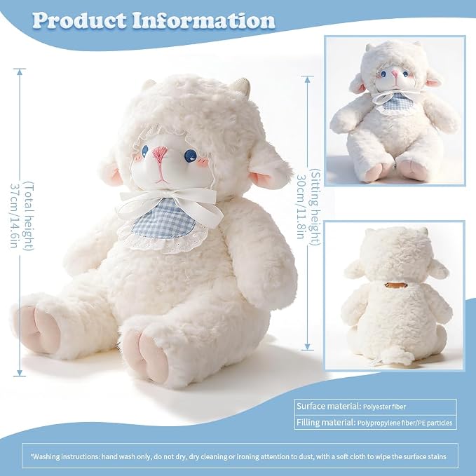 Weighted Stuffed Animals White Lamb 14.6 inches Sheep Plush with Blue Eyes, Soft Baby Gift for Kids Girls Women Birthday.
