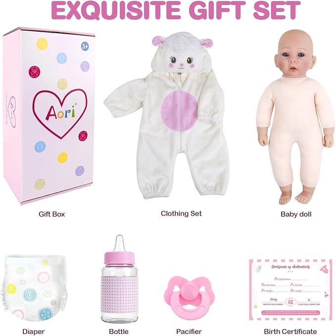 Aori Baby Doll Realistic, 17-inch Lifelike Baby Dolls Set with Feeding Kit Included, Real Life Newborn Baby Doll for Kids 3+, Parents, Elderly and Collectors