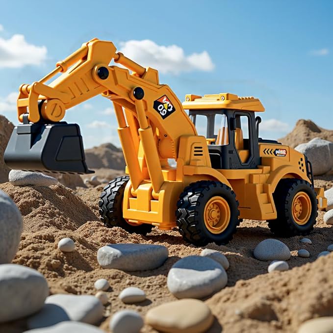 11" Excavator Toy, 1: 18 Scale, Rolling Wheels Inertia-Powered, Heavy‑Duty Plastic, with Lights & Rumbling Action, Working Boom & Bucket, Indoor/Outdoor Sandbox Vehicle for Ages 3 + - Easter Gifts