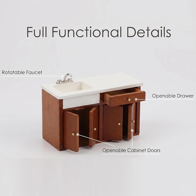 Dollhouse Furniture 1/12 Scale Miniature Sink Cabinet Wooden Bathroom Vanity Cabinet with Openable Drawer and Doors (Brown)