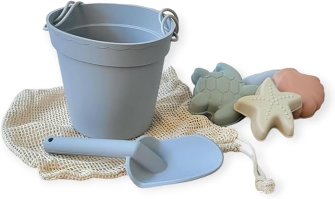 Silicone Beach Toy Set, 7 Pieces with Bucket, Shovel, Molds, Net Bag