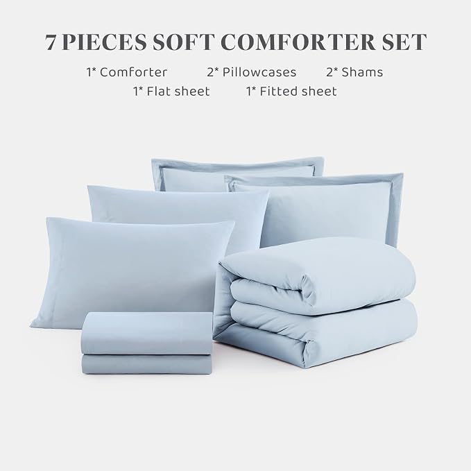 WRENSONGE Queen Comforter Set - 7 Pieces Ice Blue Soft Bed in a Bag Queen with Fitted Sheet, Flat Sheet, 2 Pillow Shams, and 2 Pillowcases- Warm Bedding Sets for All Season