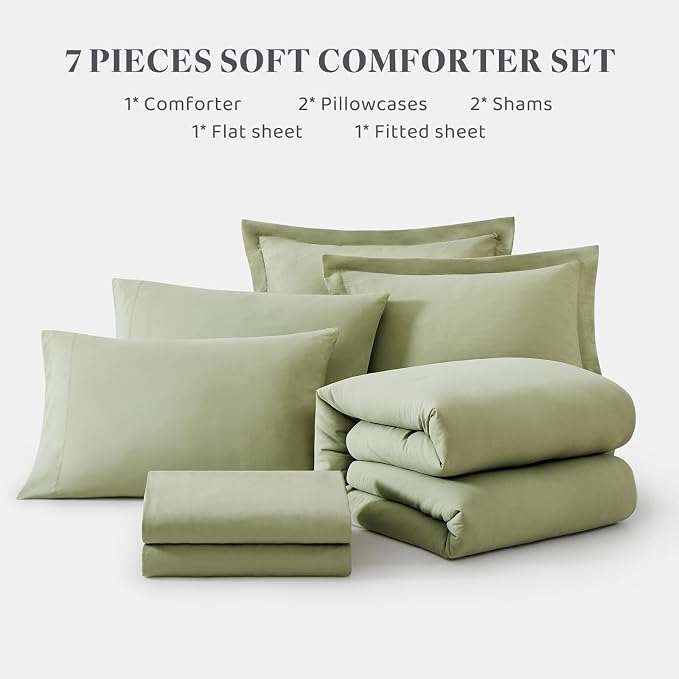 WRENSONGE Full Size Comforter Sets- 7 Pieces Sage Green Bed in a Bag Full Size Bedding Sets with Fitted Sheet, Flat Sheet, 2 Pillow Shams, 2 Pillowcases