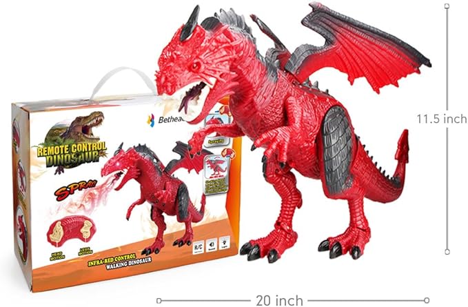 Betheaces Remote Control Dinosaur,Dragon Toy for Kids Boys Girls Red Dragon Figures Learning Realistic Looking Large Size with Roaring Spraying Light Up Eyes for Birthday Xmas Gifts (Style-1)