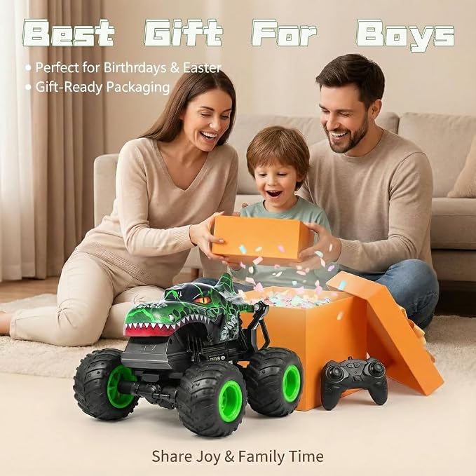 Remote Control Dinosaur Car for Boys 4-7 8-12, Sturdy 1:20 Scale RC Monster Truck with LED Lights Roar Sound, 2.4GHz All Terrain Off Road Toy, Birthday (Green)