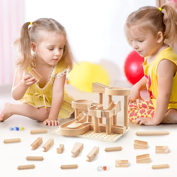 Wooden Marble Runs for Kids 4-8, 34 Pcs Marble Rush Track Maze Construction Play Set, STEM Learning Toys, Wood Building Blocks Toys, Gift for Boys & Girls