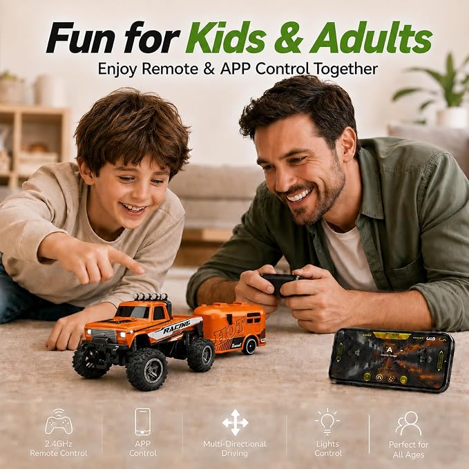 1:64 Scale Mini Remote Control Monster Truck with Trailer | 2.4GHz & App Dual Control, Alloy Mini RC Car with LED Lights, Portable Pocket Toy Car for Kids & Adults, Gift for Boys (Orange)