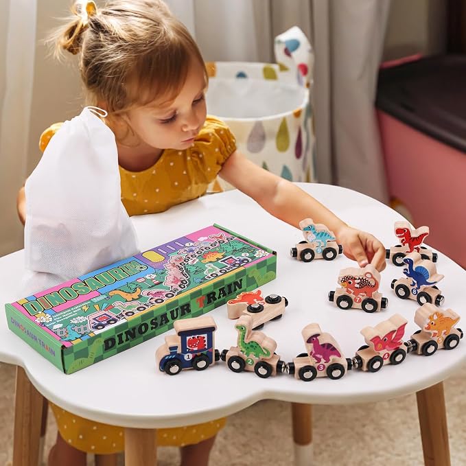 Magnetic Wooden Dinosaur Train Set, 11 Piece Montessori Toys for Toddlers, Preschool Educational Material for Kids, Birthday Gifts for Boys and Girls