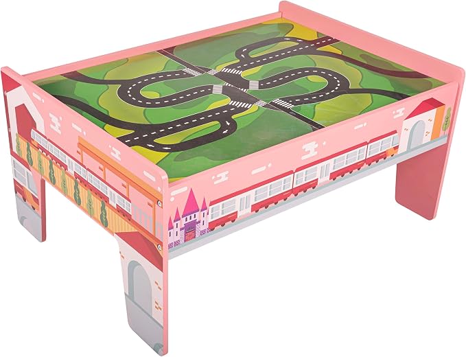 Wooden Train Set with Train Table - 75PC Play Set with Tracks, Vehicles, Buildings, Illustrated Play Surface, and Activity Table by Hey Play (Pink)