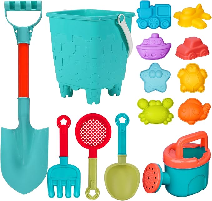 14 Piece Beach Toys,Castle Barrel Bucket,Sea Animal and Traffic Sand Molds,Beach Shovel Tool Kit, Fun Outdoor Games Beach Accessories for Boys Girls