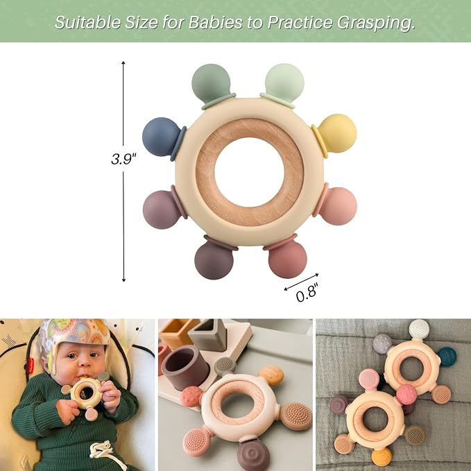 Baby Teething Toys, Silicone Chewable Teethers with Wooden Ring for Soothing Babies Gums, Rudder Chewers Shower Gift for lnfants & Toddlers, 3+ Months (8 Directions, Gray)