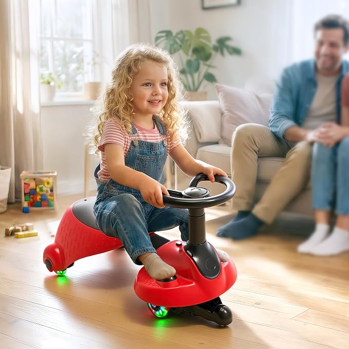 6V Electric Wiggle Car for Kids, 2-in-1 Ride On Swing Toy with Pedal, Adjustable Seat, 360° Steering, LED Flashing Wheels & Built-in Music, Anti-Rollover Ride-on Toy for Toddlers Ages 3+ Black