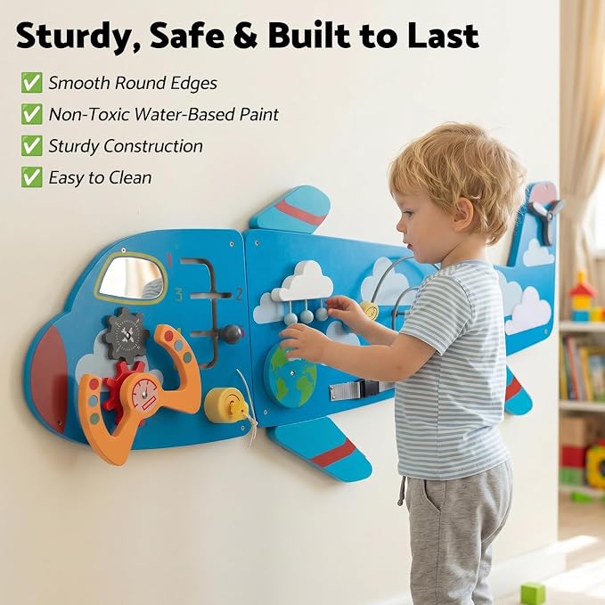 WOODENFUN Wooden Activity Wall Busy Board for Toddlers, 12 in 1 Airplane Montessori Sensory Wall Panel with Bead Maze, Baby Learning Toys for Boys Girls