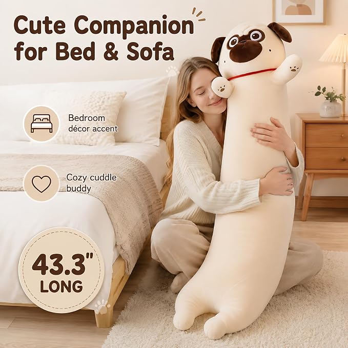 MaoGoLan Super Soft Stuffed Dog for Girls Kids Pug Plush Pillow 43 inch Long Puppy Stuffed Animal Body Pillow, Bulldog Stuffed Animal Pug Lovers Gifts Christmas Valentine's Day Halloween