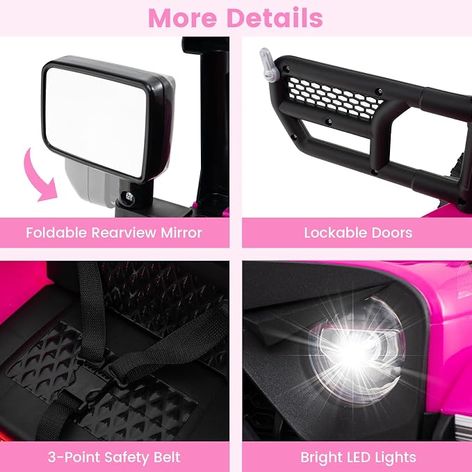 OLAKIDS 12V Ride On Truck, Battery Powered Electric Vehicle for Kids with Remote Control, Foldable Reflective Mirror, Spring Suspension, Music, LED Lights, Ride on Toy for 3+ Boys Girls (Pink)