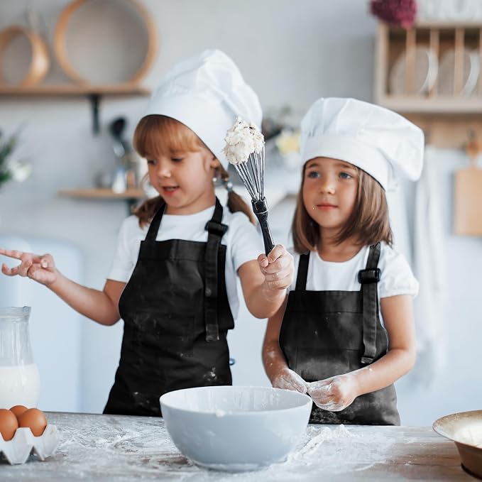 6 Pack Kids Apron bulk with 2 Pockets Adjustable Chef Art Apron Kids Painting Aprons for Cooking Baking Painting Crafting Grilling Activity(Black)