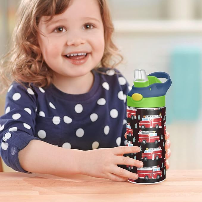Boccsty Red Fire Rescue Truck Kids Water Bottle with Straw Lid Insulated Stainless Steel Reusable Tumbler for Boys Girls Toddlers 12 oz Green