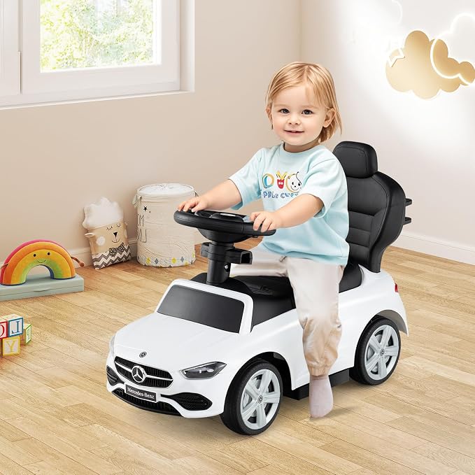 Costzon Push Car for Toddlers, 3 in 1 Mercedes Benz Stroller Sliding Walking Car w/Canopy, Handle, Safety Bar, Horn Sound, Underneath Storage, Foot-to-Floor Ride On Toy for Boys & Girls, White