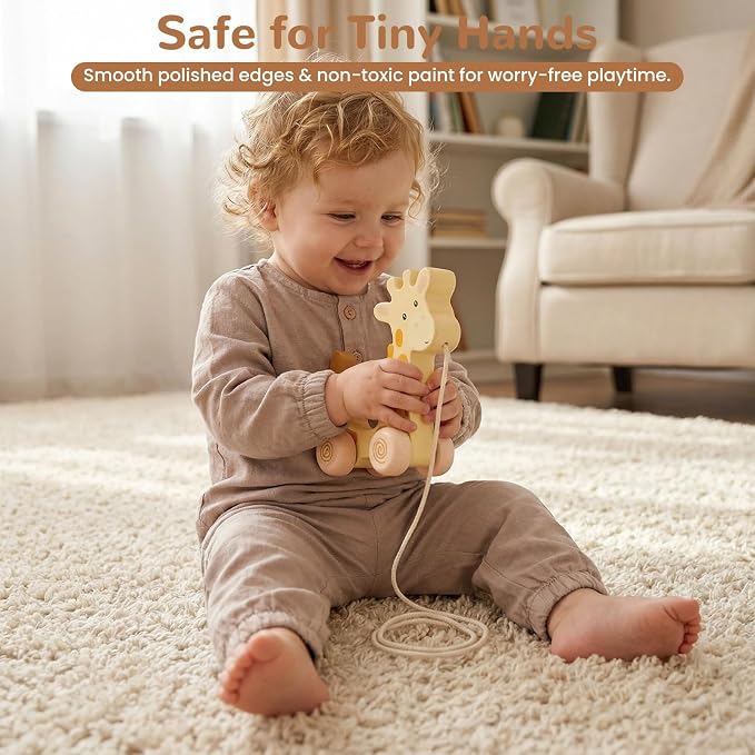 Baby Toys Car,Wooden Pull Along Toddler Toy, Developmental Toy for 1 Year Old Girl Boy Birthday Gift (Small Giraffe)