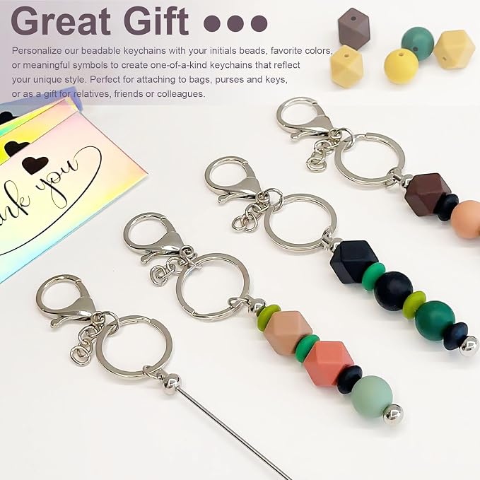 42/84/126 Pcs Beadable Keychain Bars Bulk Blank DIY Beaded Keychain Making Supplies with Bag Thank You Card