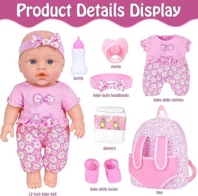 UZIDBTO 12 Inch Baby Dolls with Backpack Carrier Can Store Doll Clothes and Accessories,12" Reborn Baby Doll Set in Gift Box with Feeding Bottle Nipple Diaper for Kids Toddler Age 3+