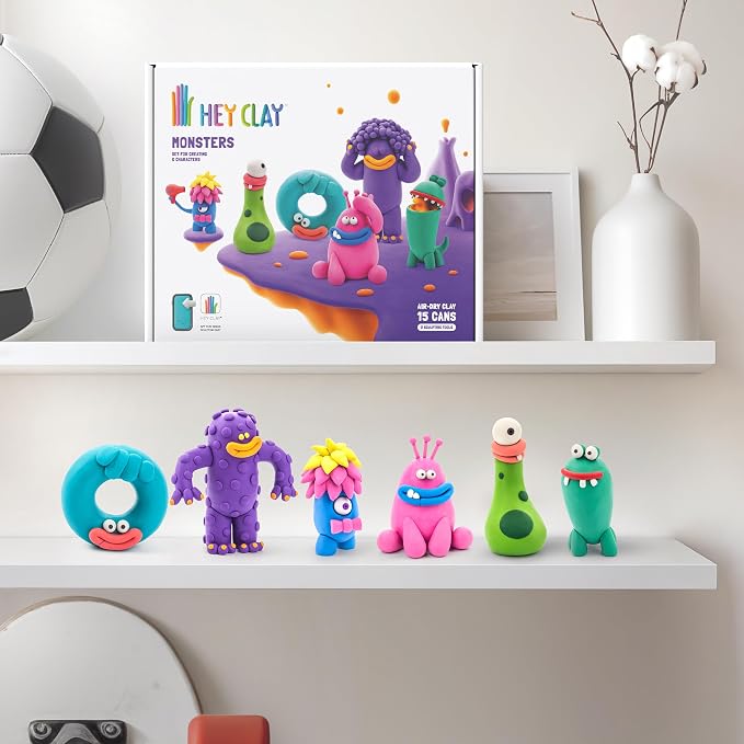 HEY CLAY Set - Colourful Modeling Air Dry Clay Kit for Kids 15 cans and Sculpting Tools with Fun Interactive Instructions App - Children 3+ (Monsters)