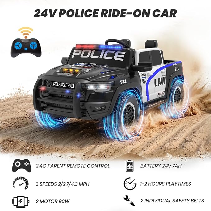 24V Ride On Police Car for Kids, Licensed RAM 1500 2 Seater Electric Police Truck with Remote Control, Siren, Megaphone, Flashing Lights, 180W Motor, Suspension, Bluetooth, Storage Bed, Black