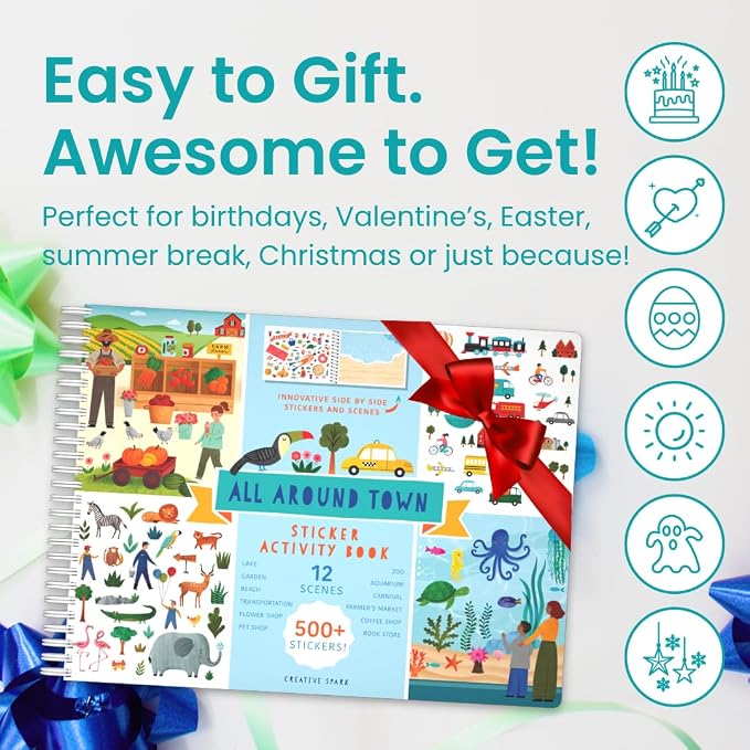 All Around Town 500+ Kids Sticker Book by Cupkin Fun Toddler Travel Activity Coloring and Sticker Book, Road Trip Essentials, 12 Coloring Pages 12 Side by Side Scenes for Ages 2–8 Years