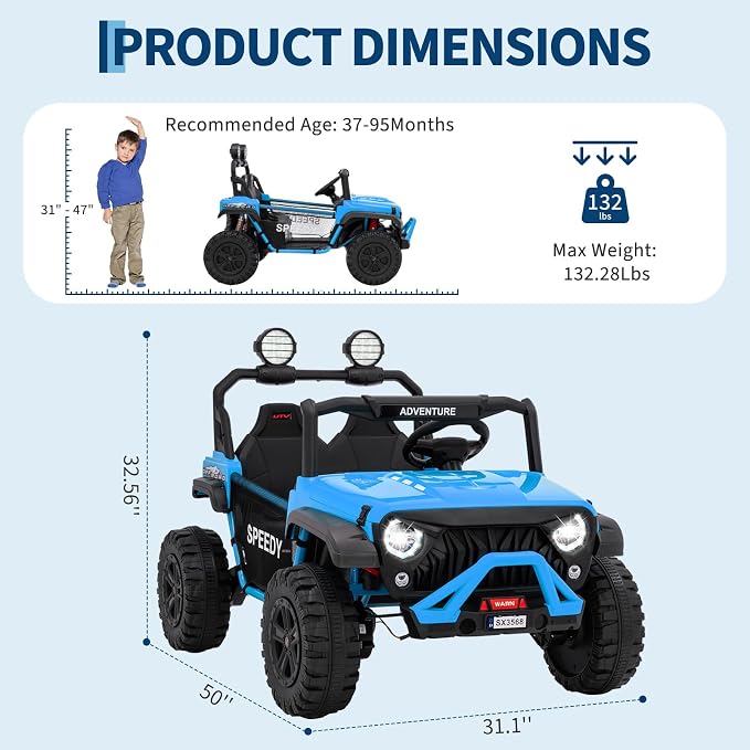 2 Seater Ride on Car for Kids, 24V Ride on Toy, Fast 4.97MPH Truck, 4WD Kids Electric Vehicles with Remote Control, Spring Suspension, Front & Behind LED Lights, Dual Storage, 3 Speeds, Music, Blue
