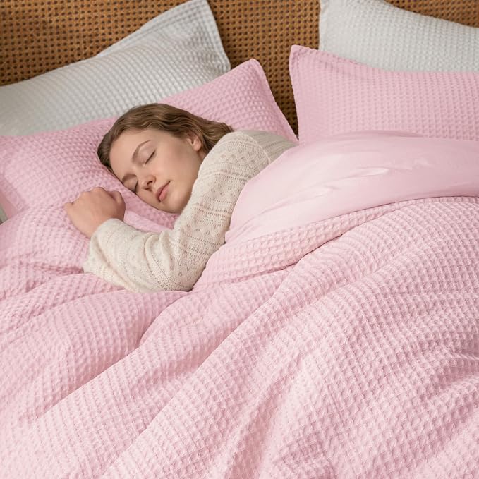 David's Home Waffle Weave Comforter Set 3PCS Queen Size, Soft Breathable Lightweight Cozy Skin-Friendly Warm for All Season, Elegant Aesthetic Home Decor Bedding Set with Pillow Shams, Pink