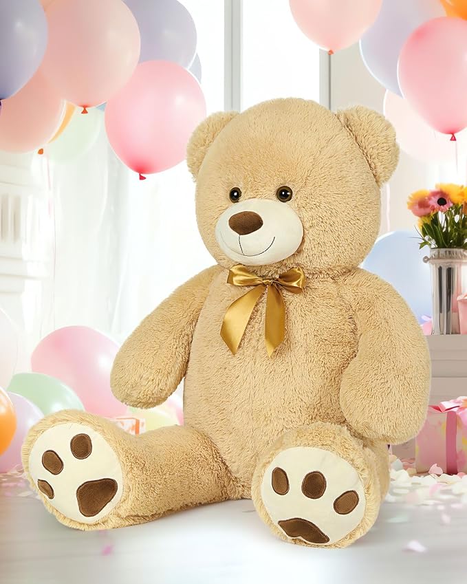 MaoGoLan Giant Teddy Bear Stuffed Animal, 39" Large Tan Teddy Bear Plush Toy with Cute Bow Tie & Footprints, Soft Sunggle Bear Plushies Gift for Kids Grilfriend Wife on Christmas Birthday Baby Shower