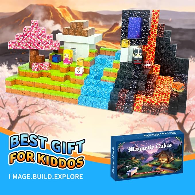 200PCS Magnetic Blocks - Magnet Cubes, Lava Theme Magic Portal Set, Fade-Resistant STEM Sensory Building Bricks, Non-Toxic Montessori Construction Toys for 3+ Year Old Girls & Boys