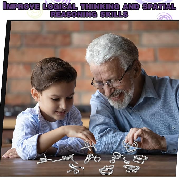 Metal Wire Puzzle Set of 8 with Pouch, Brain Teaser Puzzles IQ Test Ring Disentanglement Unlock Interlock Game Trick Metal for Party Favor Challenge(D Style)