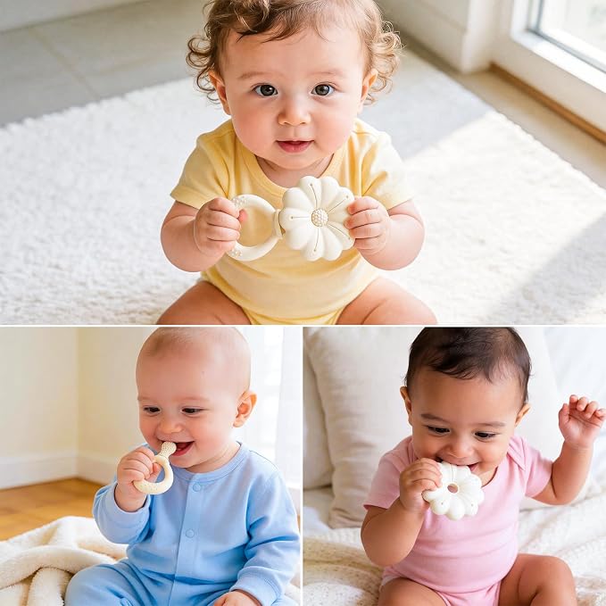Baby Silicone Flower Teether Pacifier, Nipple-Shaped End Texture for Sucking Needs, Teething Relief, Chew Sensory Toys for Babies 0-6 6-12 Months, Hands-Free Design, BPA Free, Freezable -Beige