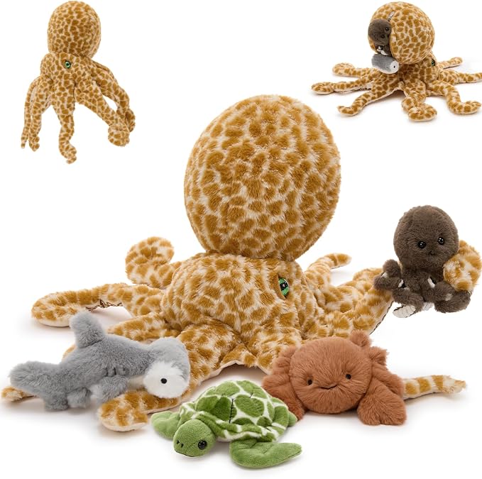5 Piece Giant Octopus Plush Set, 23.6 Inch Mom Octopus Stuffed Animal with 4 Mini Ocean Animal Plush Toys, Soft Sea Creature Plush with Zippered Head Pouch, Ocean Gift for Kids