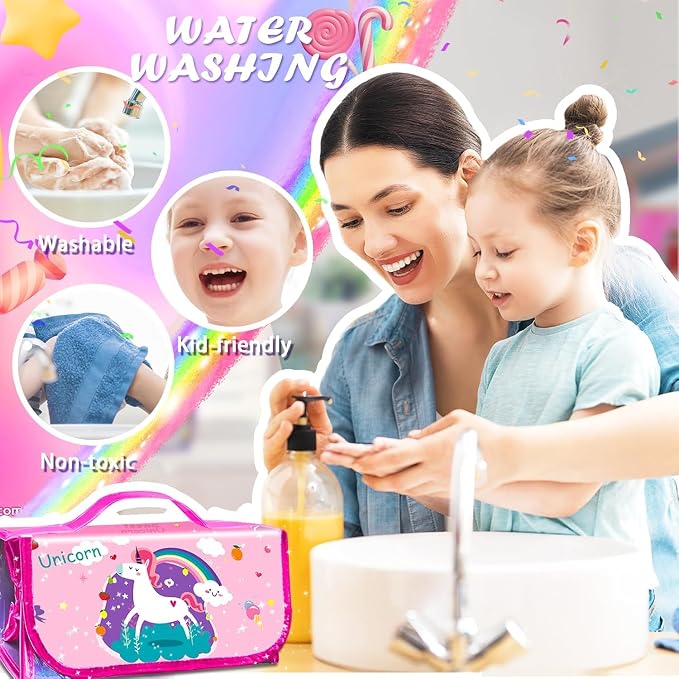weirtoya 56 PCS Washable Scented Markers with Glitter Pencil Case, Mermaid Unicorn Arts and Crafts for kids 4-6-8 Kids Coloring Drawing Kits for 4-8 Years Old Girls (Pink, 56)