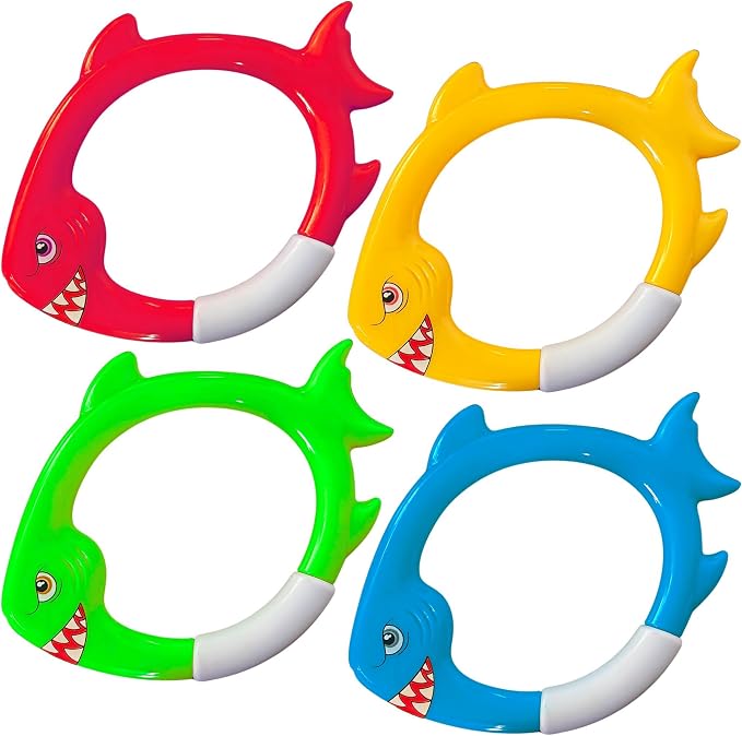 Haktoys Shark Dive Rings Pool Diving Toys for Kids, Sinking Swim Training Toys for Boys & Girls, Underwater Pool Games & Summer Fun, 4-Pack Fish Rings Set