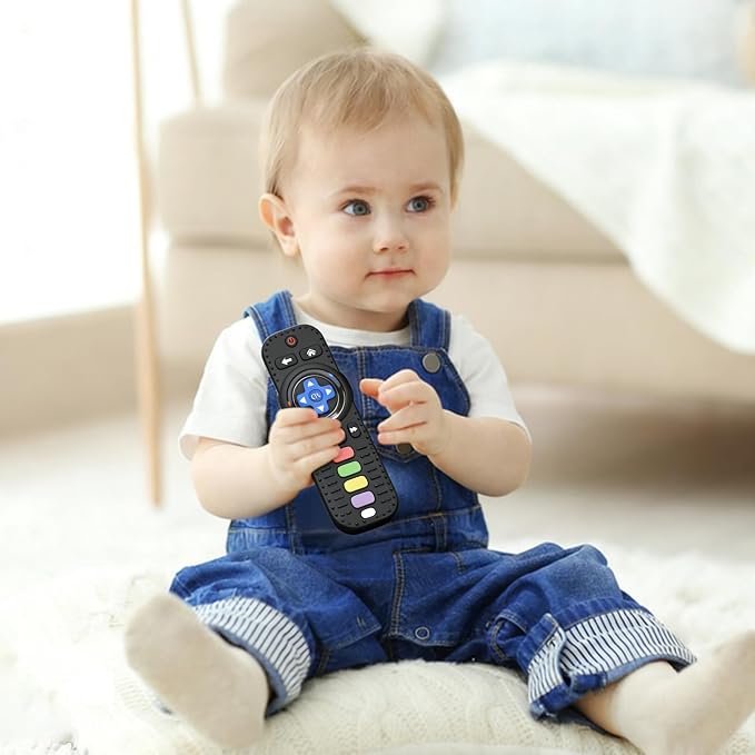 Fu Store Silicone Baby Teether Toys for 0-12 Momths 3-24 Months Infant Toddlers TV Remote Control Rattle Teethers for Babies Chew Toys Teething Relief Soothe Babies Gums, Black