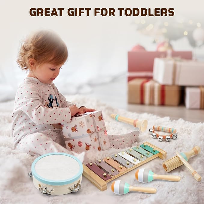 LeeQee Montessori Toys for Boys and Girls - Wooden Toys Baby Musical Instruments, Neutral Colors Percussion Instruments Set with Modern Boho Xylophone for Toddlers 3+ Music Education