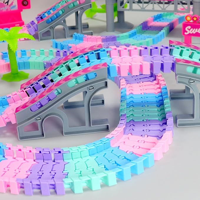 96 PCS Flexible Tracks Race Tracks Supplementary Set -4 Colors Magic Road Race Tracks Toys, 360° Rotating Flexible Train Track