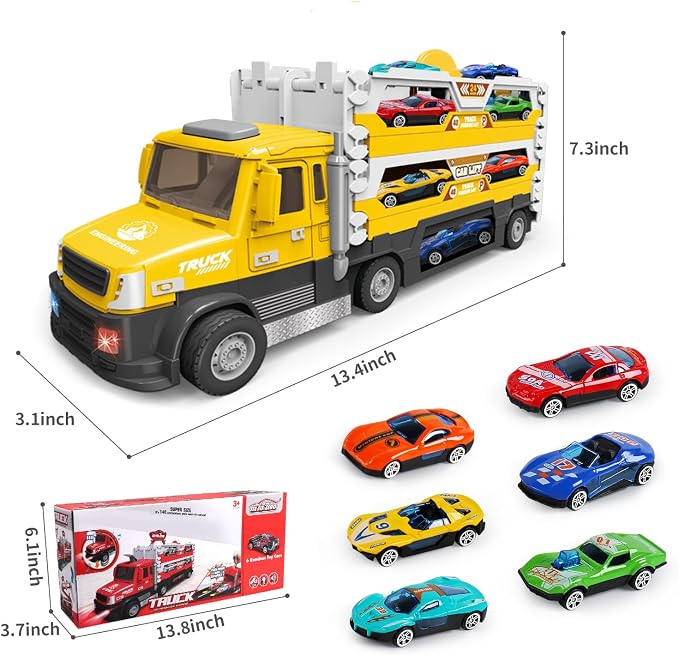 DOWELLIN 6 in 1 Transport Truck Toys for Kids, Police Trucks Carrier Cars with 6Pcs Metal Race Car with Light&Sounds, Toddler Vehicles Toys Gifts for Boys Girls Age 3 4 5 6 7 8-Yellow