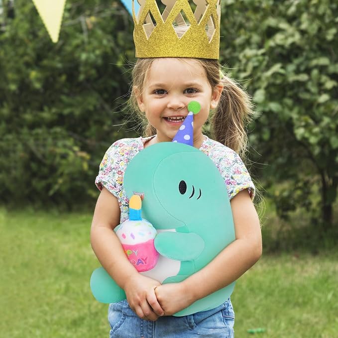 Auspicious beginning Birthday Gift Shark Plush Stuffed Animal, 11.8'' Kawaii Soft Birthday Shark Plush Toys with Holding Cute Birthday Cake Gift for Girls Boys, Children's Day, Anniversary, Green
