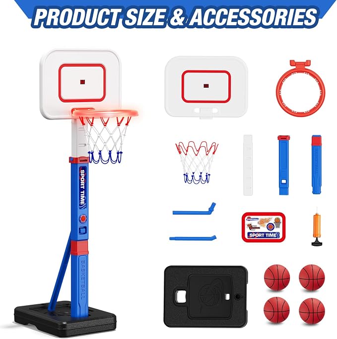 HYES Toddler Basketball Hoop with Scoreboard/LED Basketball Rim/4 Balls, 55" Height Adjustable Basketball Hoop for Kids 3-5, Indoor Outdoor Sport Toys Birthday Gifts for Baby Boys Girls