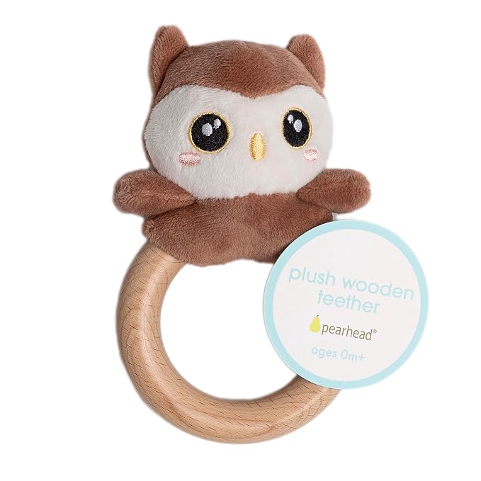 Pearhead Owl Wooden Baby Teether – Soft Plush Lovey with Natural Wood Rattle Ring, BPA-Free, Soothes Infant Gums, Multi-Sensory Newborn Essential for Boys and Girls, 0+ Months