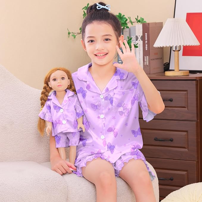 ICOSY Matching Doll & Girls Silk Pajamas Satin Pjs for Girls Button-Down Top and Shorts for 18" Doll Girl Clothes
