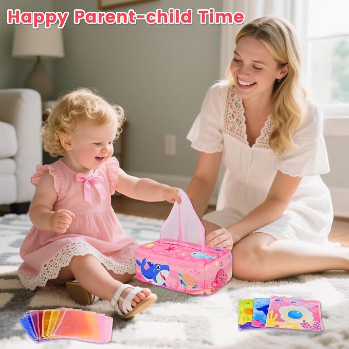 Baby Tissue Box Toy - Baby Girl Toys Montessori Toys for Babies 6-12 Months - Soft Stuffed High Contrast Crinkle Infant Sensory Toy 6 7 8 9 10 11 12 Months Old Gifts Pink