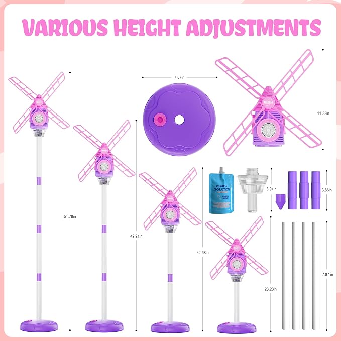 Windmill Bubble Machine for Kids, 51" Adjustable Height Standing Bubble Maker with Lights & Music, 10-Hole Battery Operated Bubble Blower with 130ml Tank, Outdoor Backyard Party Toys for Toddlers