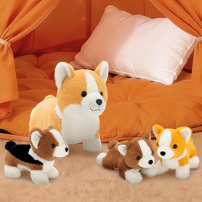 MaoGoLan 4pcs Corgi Stuffed Animal, 15.7 Inch Large Mommy Dog Stuffed Animal with 3 Baby Puppy Plushies, Realistic Cute Stuffed Dog Plush Toys for Kids Girls Boys Gift