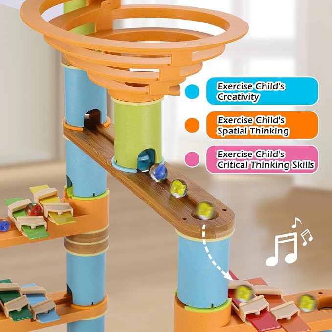 Natural Bamboo Marble Run Toy Set — Musical STEM Building Blocks for Kids — Shatter-Proof Design with Clever Cord-Catch — Eco-Friendly Educational Gift — 98 Pcs